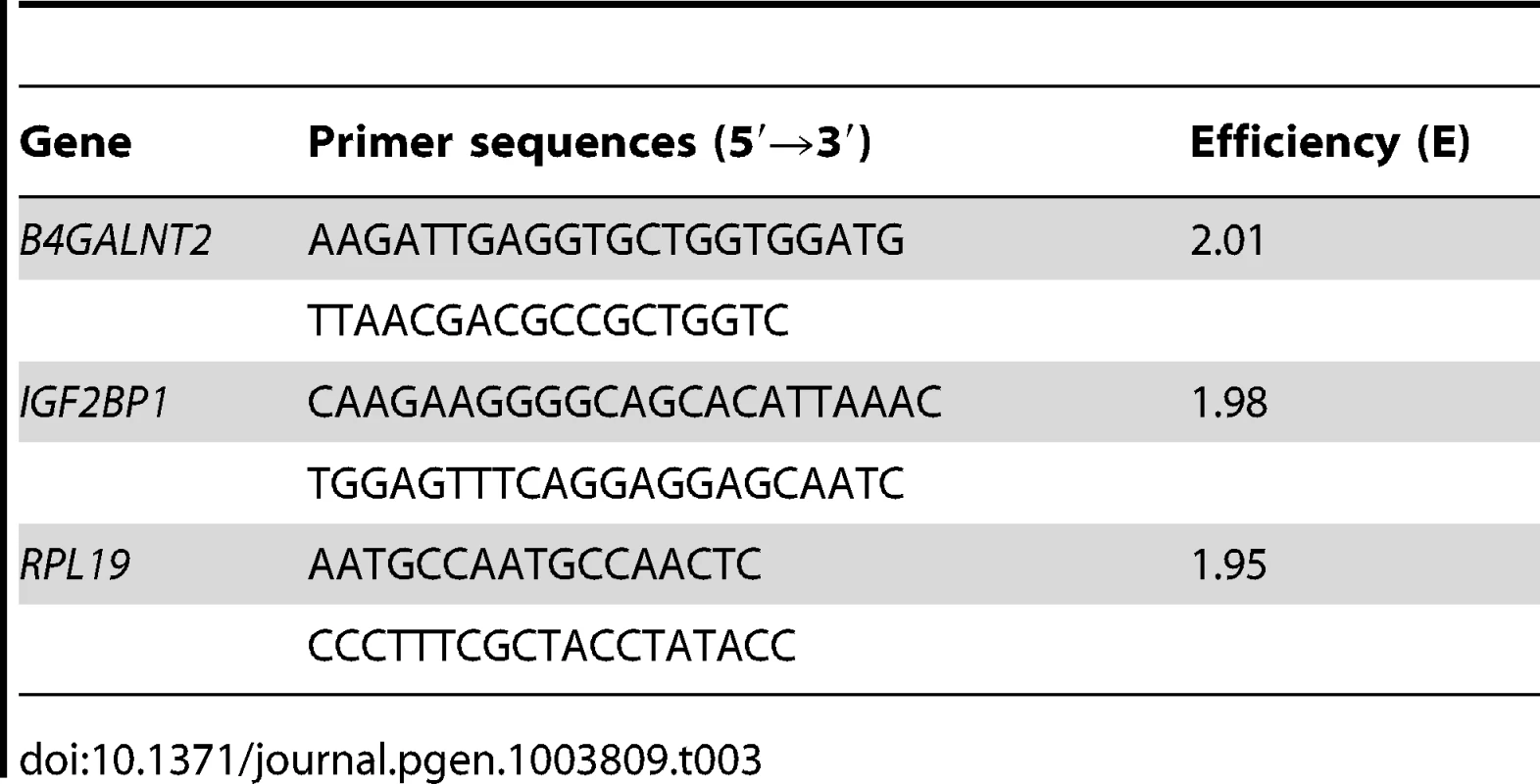 Quantitative PCR primer sequences and their efficiency.