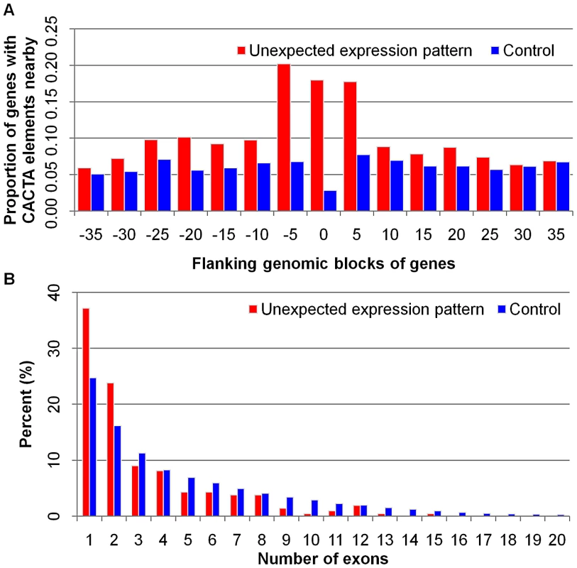 Enrichment of CACTA-like elements and fewer exon number bias in genes with unexpected expression patterns.