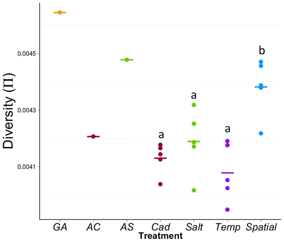 Average diversity (π) within experimental populations across the genome.