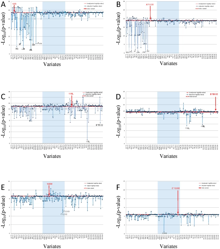 Proxy variant analysis for the strongest aa-variants or HLA allele in HLA-A, in HLA-B, and in HLA-C.