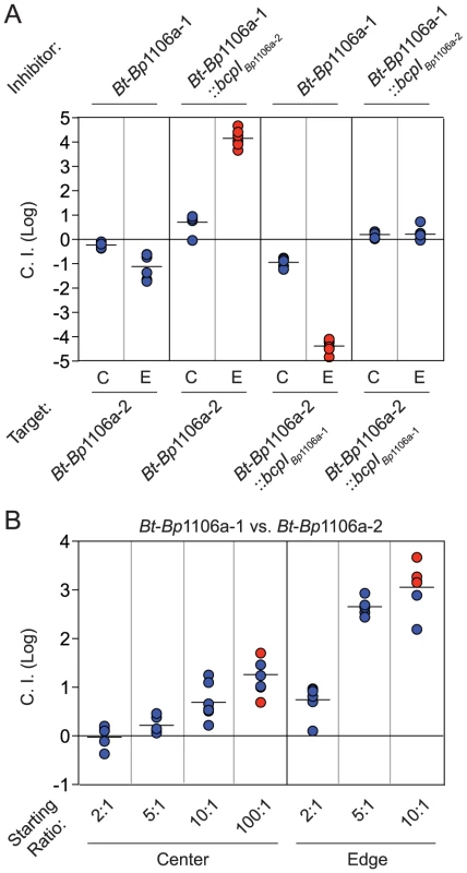 Dependence of bacterial numbers on CDI-mediated competition between opposing CDI<sup>+</sup> bacteria.