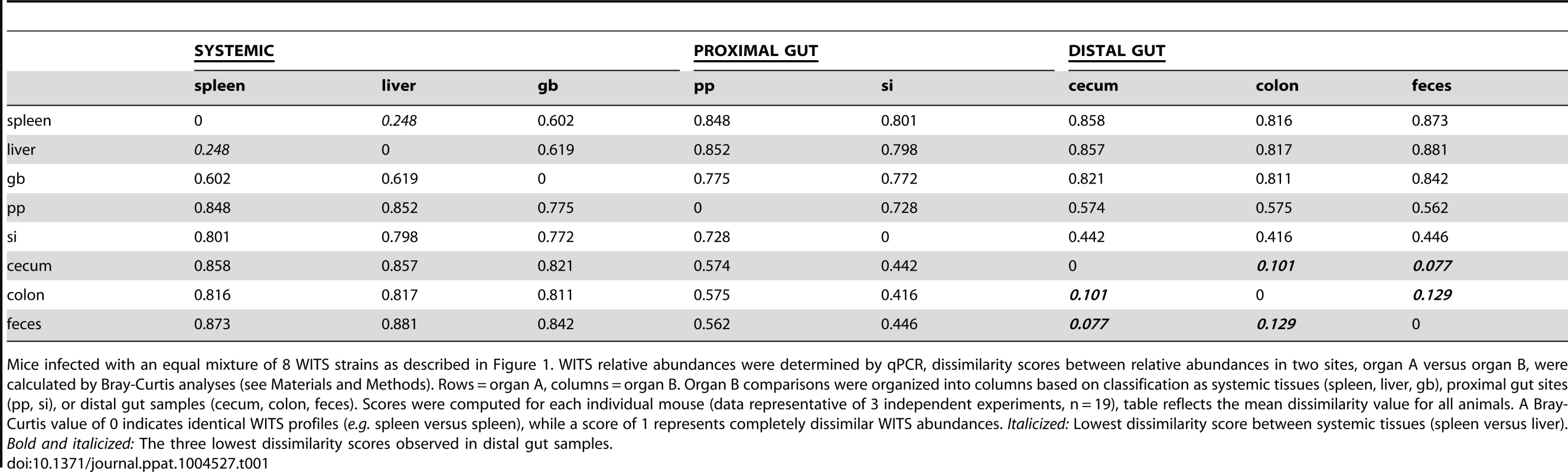 Bray-Curtis dissimilarity values of WITS relative abundances within murine tissues during persistent infection.