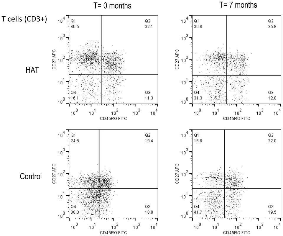 Flow cytometry dot plot of the CD3+ T-cell population in HAT and in a control.
