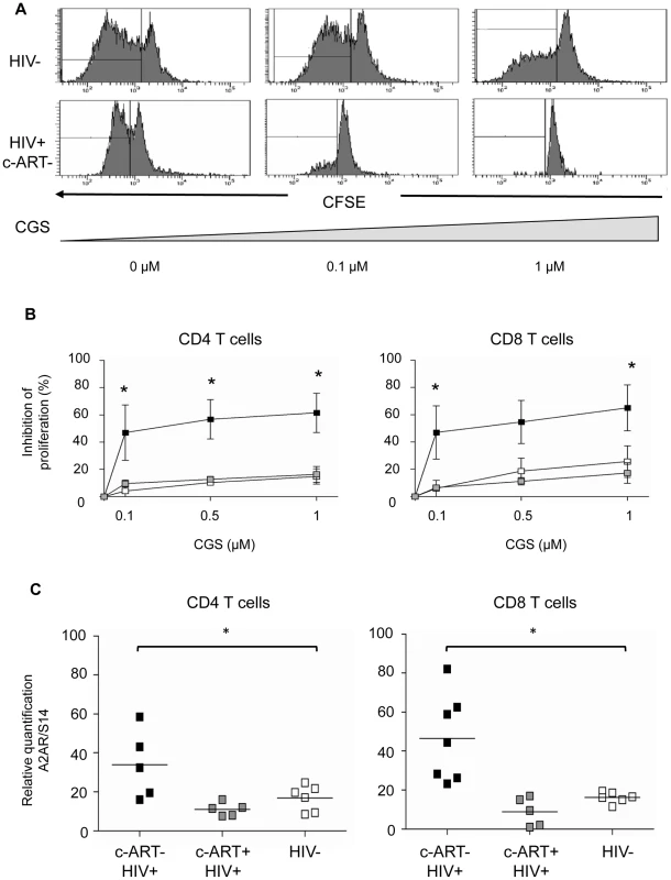 T cells from c-ART− HIV-1 positive patients are more susceptible to the inhibitory effects of the adenosine agonist CGS-21680 and express a high density of A2A receptor.