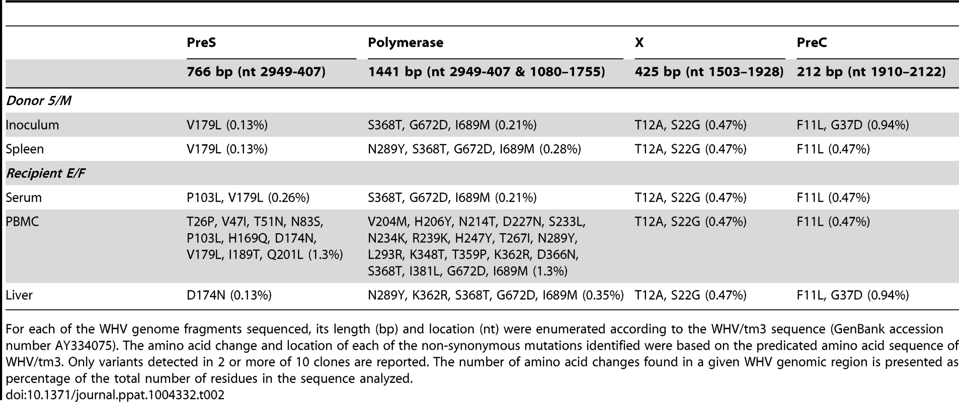 Non-synonymous mutations identified in WHV sequence of the inoculum prepared from the liver WHV-negative phase of POI and in the spleen from 8/M donor and in serum, PBMC and liver of E/F recipient injected with this inoculum.