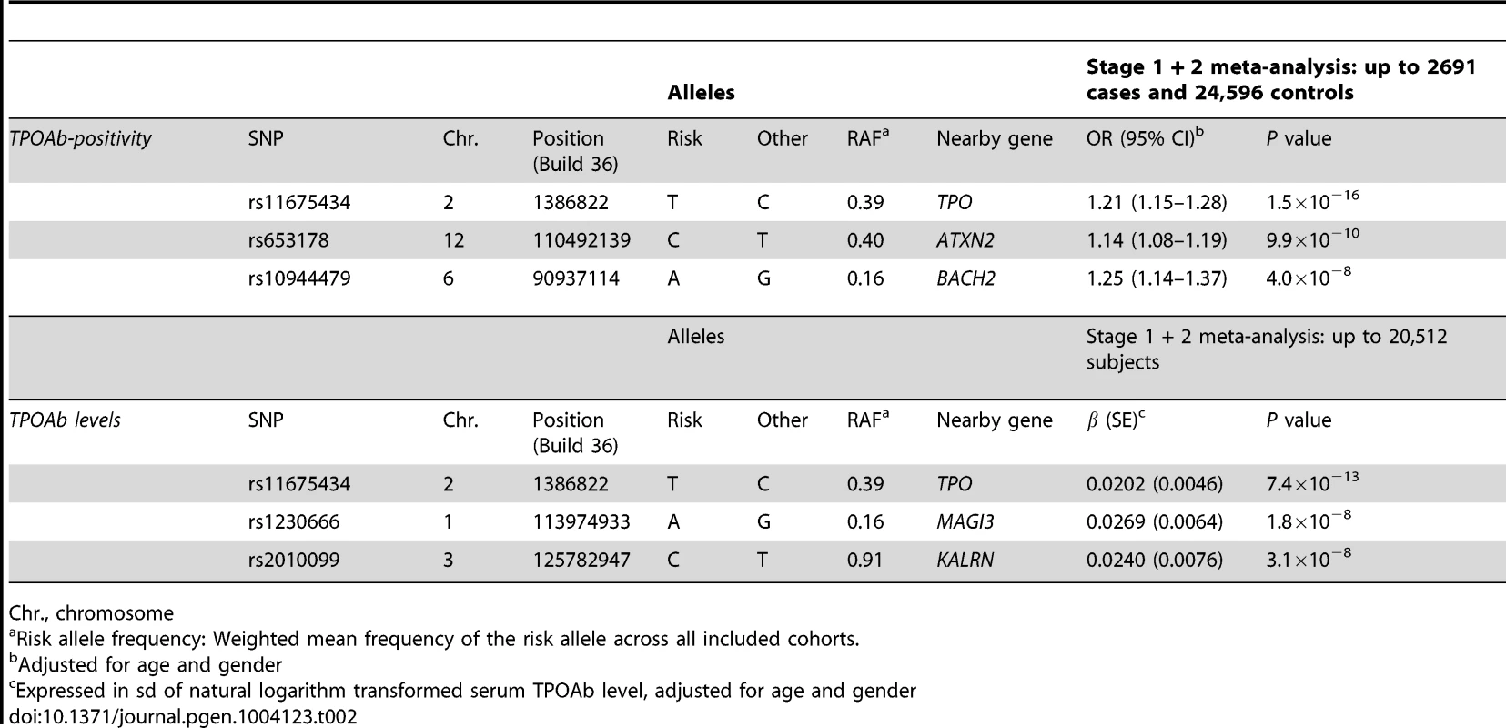 Newly identified loci associated with TPOAb-positivity and/or serum TPOAb levels reaching genome wide significance.