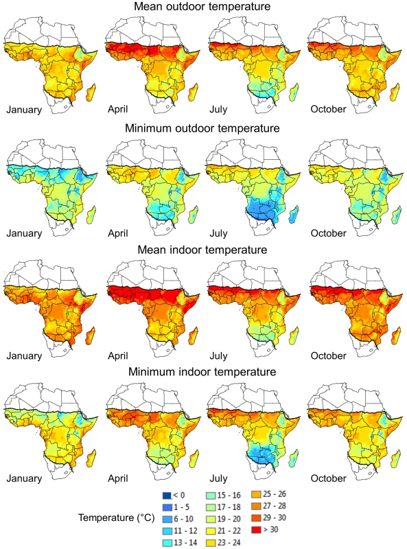 Monthly mean and minimum outdoor and indoor temperatures throughout Africa for January, April, July, and October.