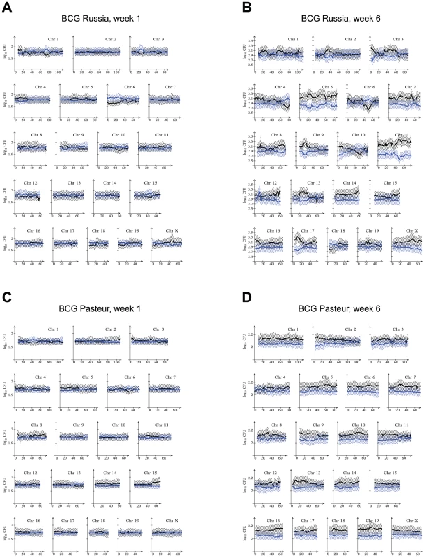Lung bacillary counts relative to A/J and C57BL/6J-derived chromosomal segments in RC mice.