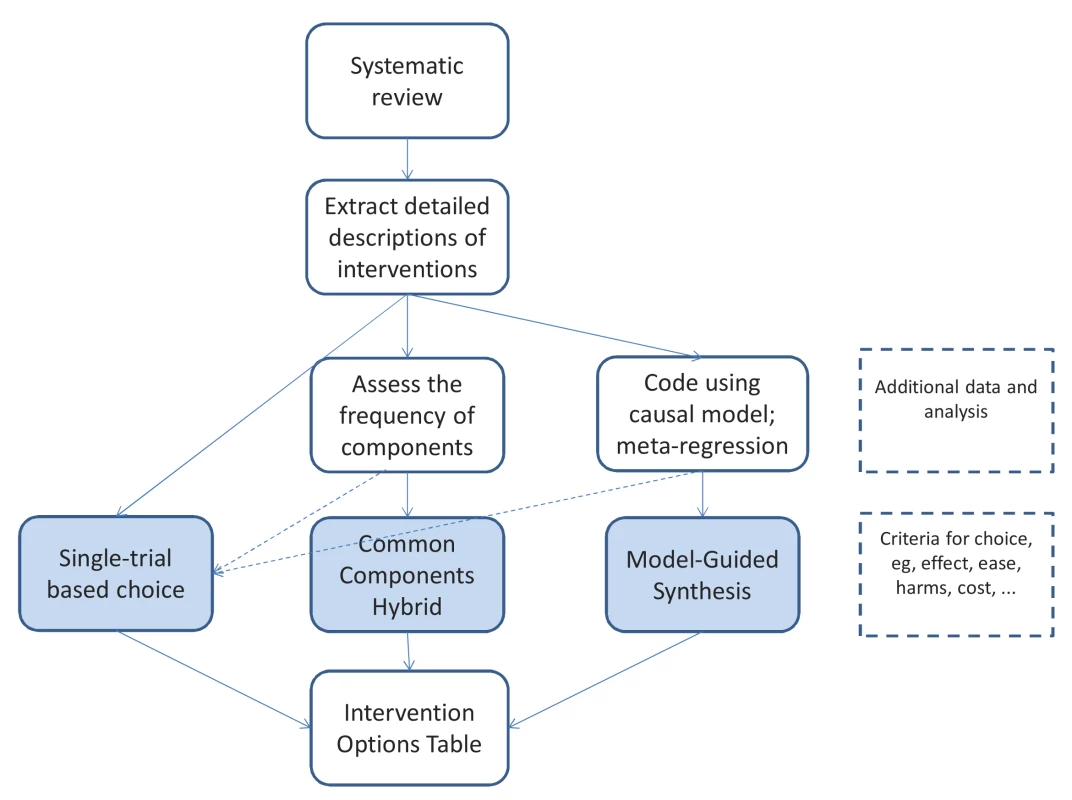 The steps from systematic review to a specific version of an intervention, showing the three basic approaches.