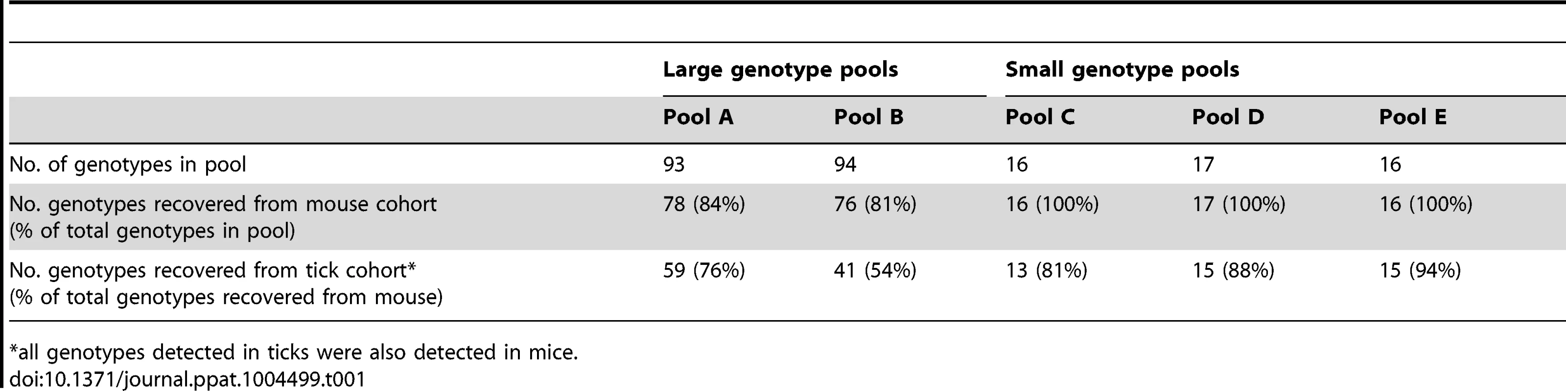 Recovery of <i>F. novicida</i> genotypes from populations of mice and ticks exposed to large- or small-pool genotype populations.