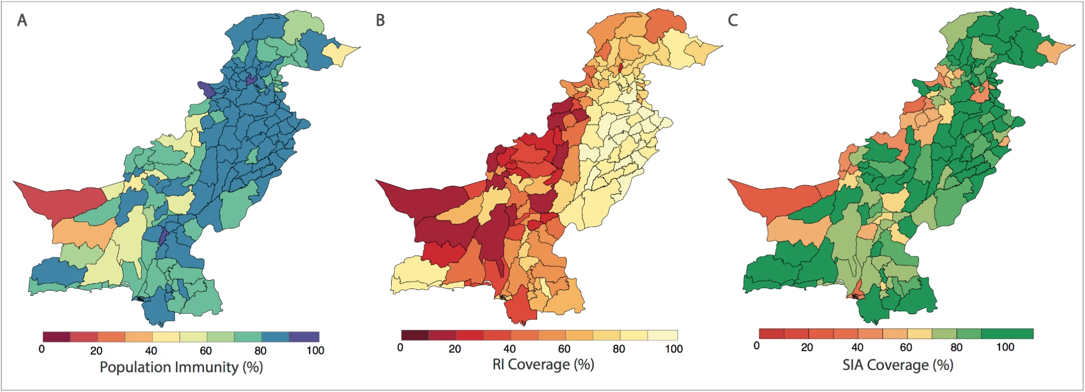 Spatial distribution of risk factors for wild poliovirus type 1 (WPV1)-associated poliomyelitis estimated from non-polio AFP data in districts of Pakistan for the period of July to December 2016.