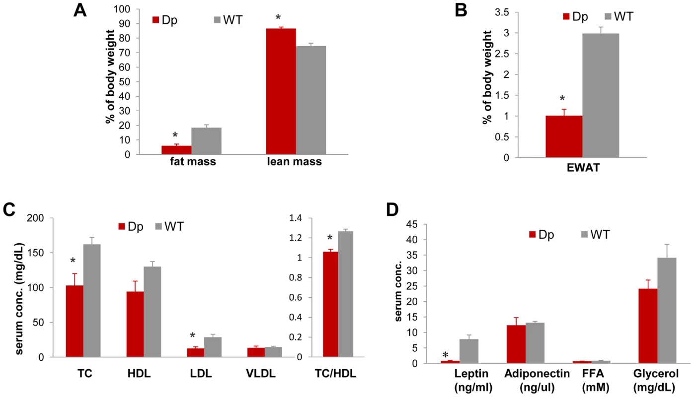 <i>Dp(11)17/+</i> mice (red) are also leaner and have reduced serum TC, LDL, TC/HDL ratio, and leptin.