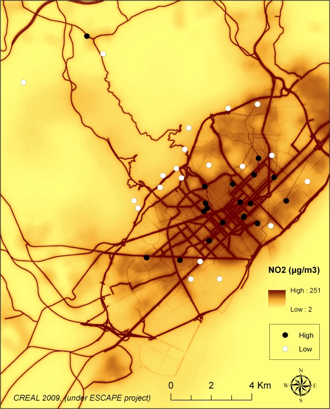 Map of Barcelona and the schools by high or low air pollution by design.