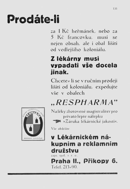 Celostránkový inzerát – Věstník Svazu československého lékárnictva/Lékárnický týdeník 1936; 29/17, č. 9, s. 135