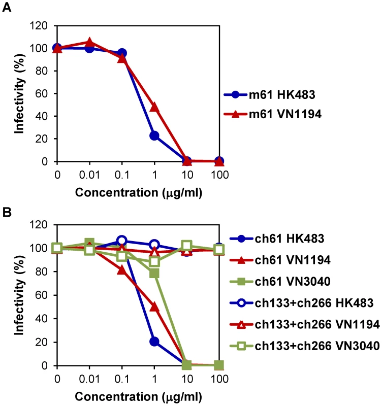 Neutralizing activities of MAbs m61 and ch61 against H5N1 HPAI viruses.