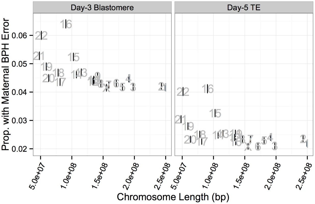 Chromosome-specific rates of maternal BPH aneuploidy are negatively correlated with chromosome length.
