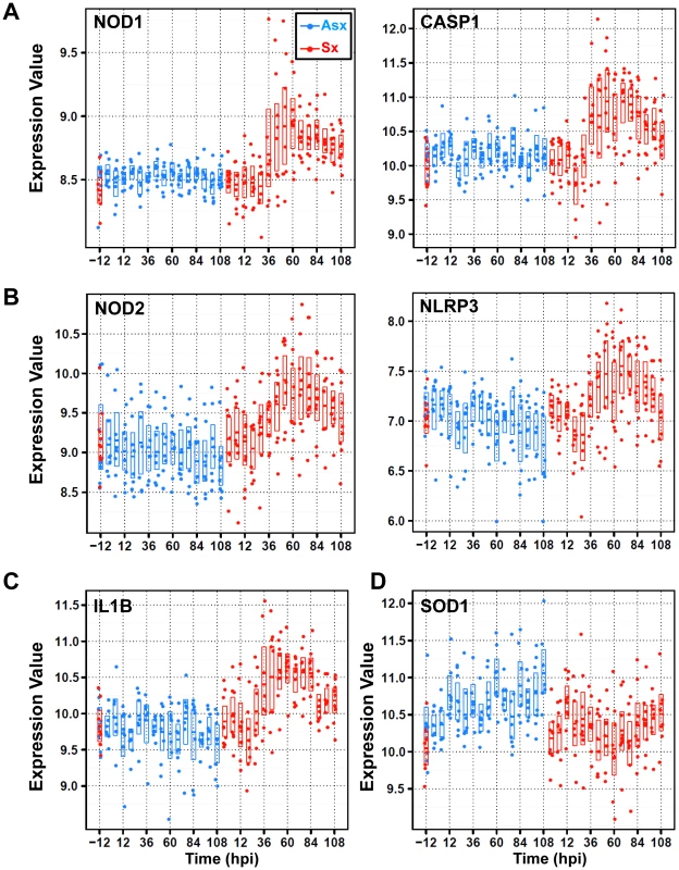 Divergent expression patterns of Nod/NACHT-LRR (NLRs) family of genes from cluster 2 and cluster 3 with contrasting expression of anti-oxidant/stress genes SOD1 and STK25 (or SOK1).