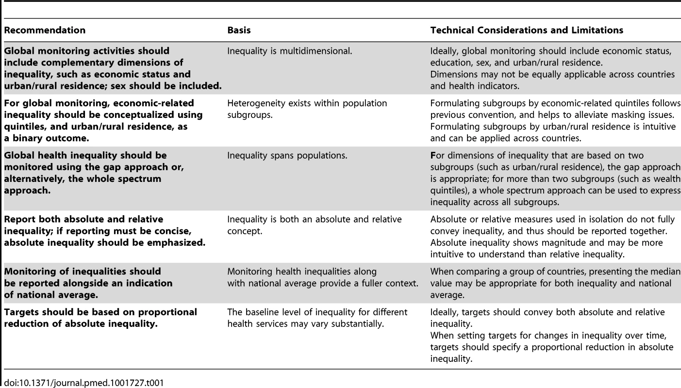 Summary of recommendations for global equity-oriented monitoring.