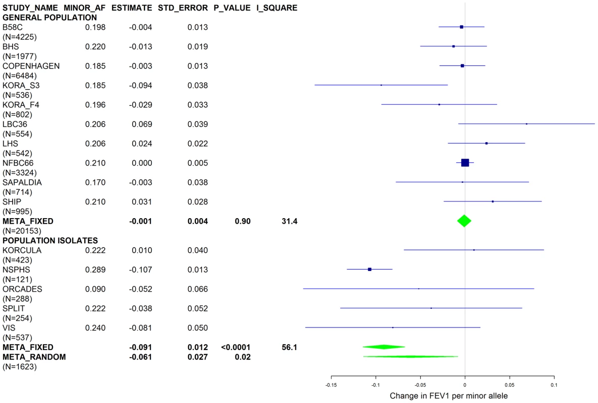 Forest plot of meta-analyzed results for the effect per minor allele of rs4905179 on FEV1 in ever-smokers, adjusted for sex, age, height and population stratification factors.