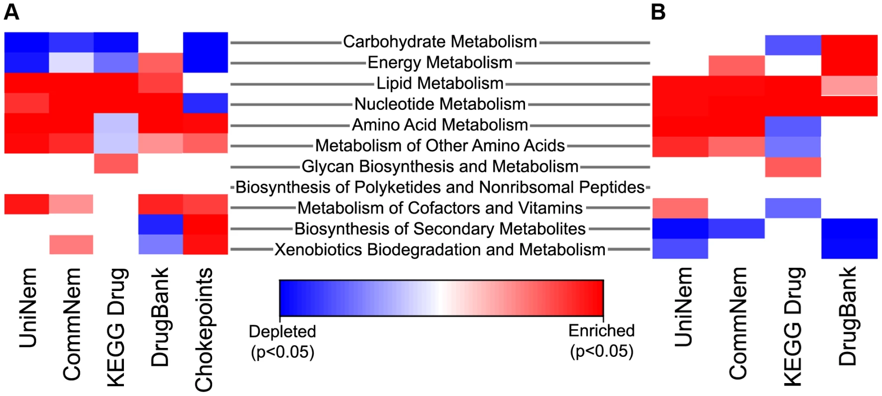 Heatmap indicating enriched and depleted KEGG metabolic pathways.