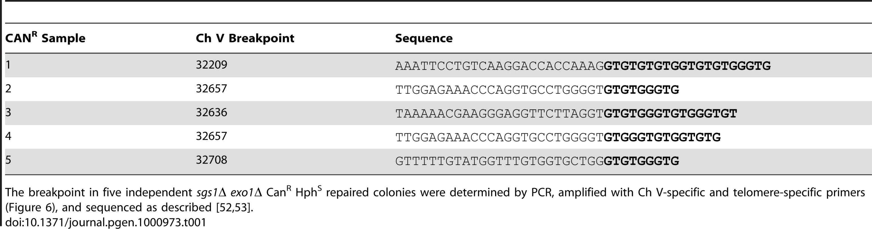Sequenced breakpoints in <i>sgs1Δ exo1Δ</i> CAN<sup>R</sup> HPH<sup>S</sup> repaired colonies.