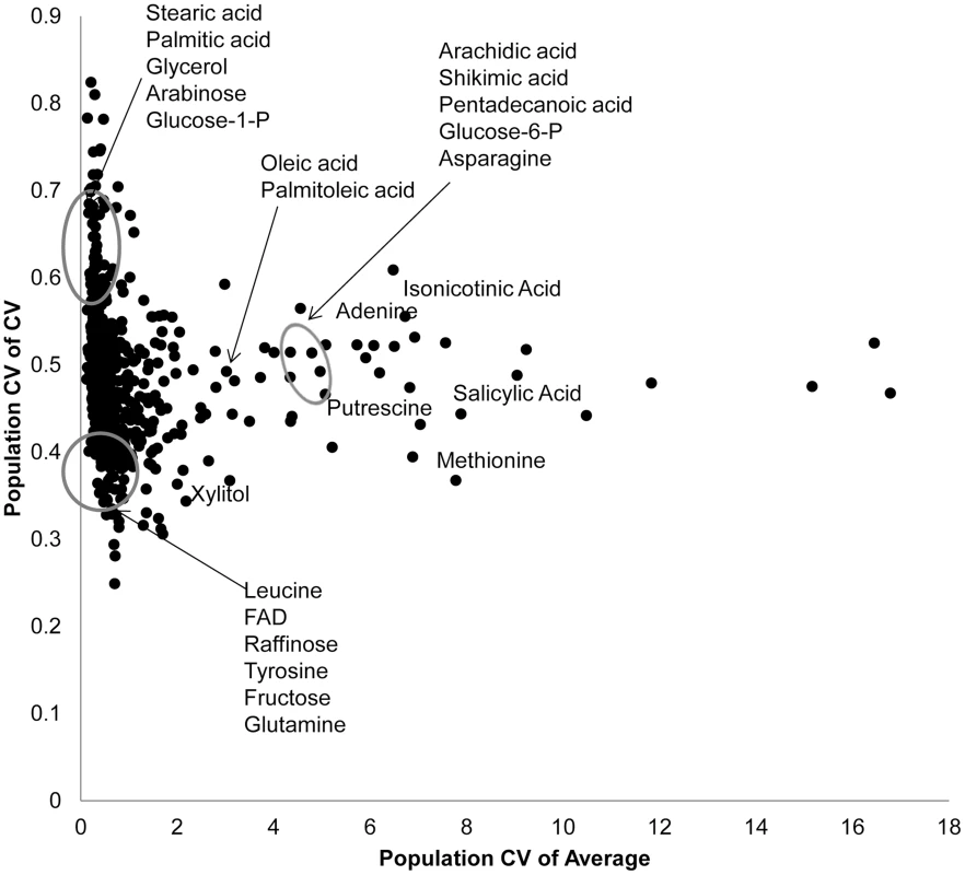 Genetic variation in Kas x Tsu for CV and average targets specific metabolites.