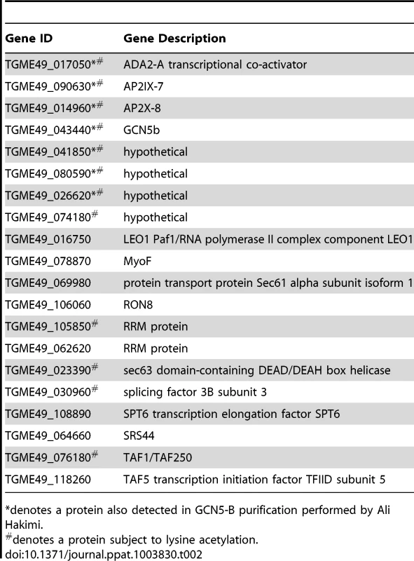 GCN5b/AP2 core complex in <i>Toxoplasma</i> tachyzoites.