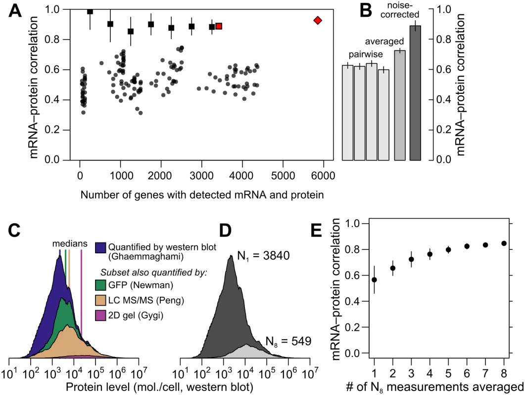 Correlations between mRNA and protein levels vary widely and are systematically reduced by experimental noise.