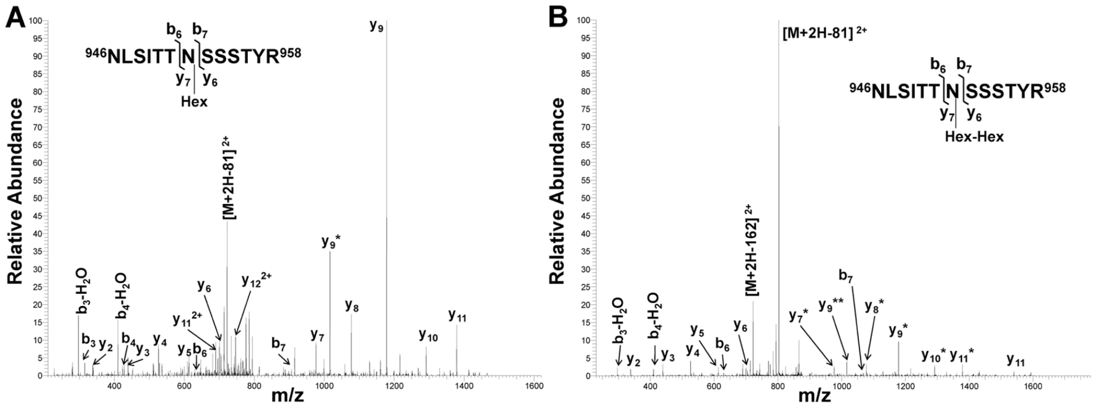 Collision-induced fragmentation spectra from glycosylated peptide NLSITTNSSSTYR (HMW1 amino acids 946–958).