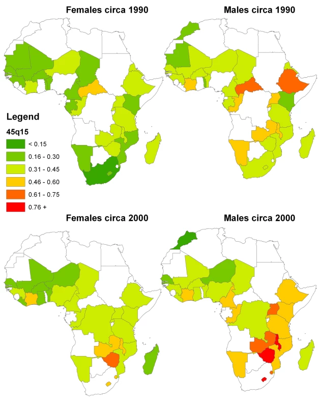 CSS-generated estimates of &lt;sub&gt;45&lt;/sub&gt;&lt;i&gt;q&lt;/i&gt;&lt;sub&gt;15&lt;/sub&gt; for African countries with DHS data, 1990 and 2000.