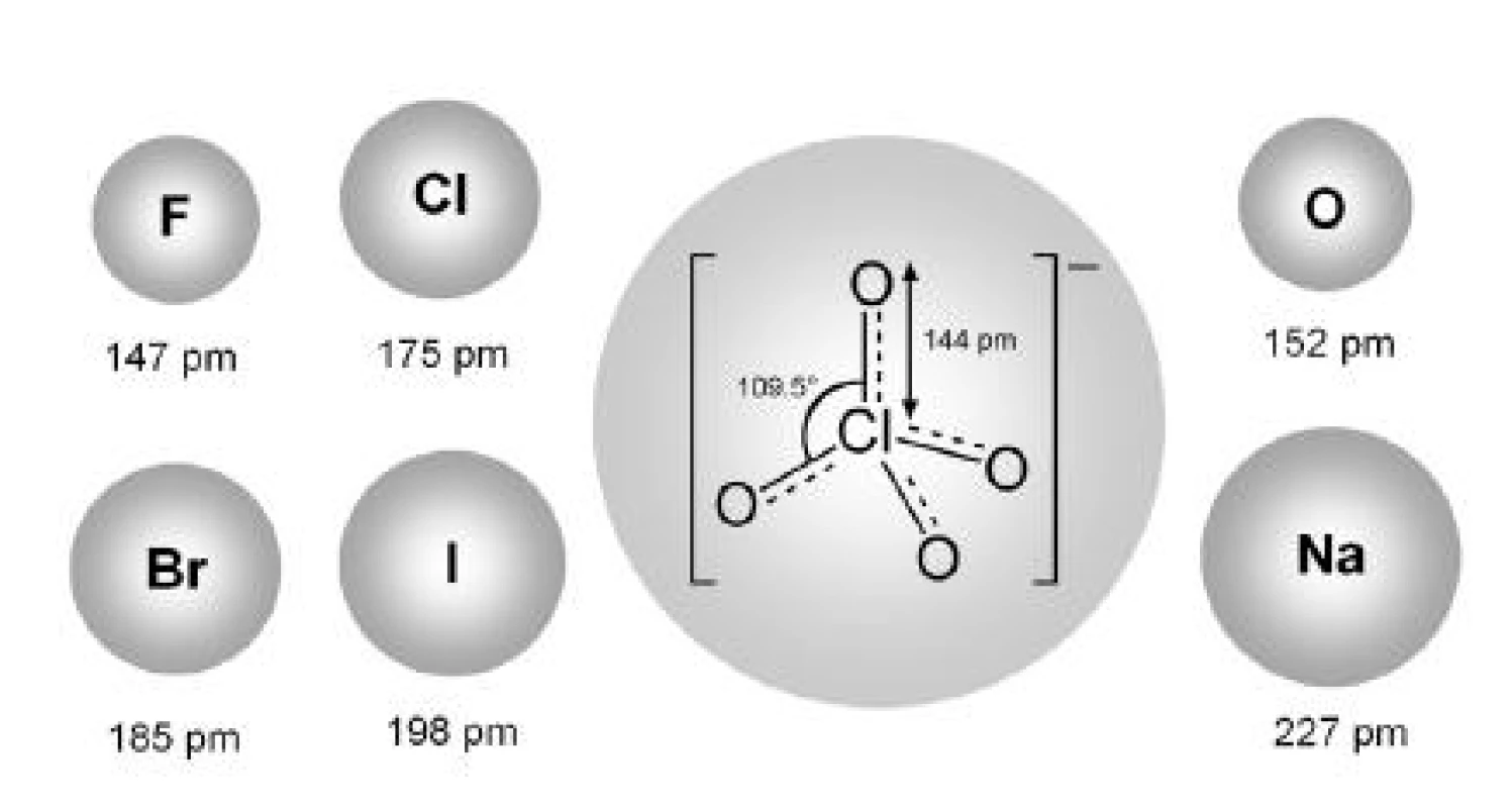 Schematický nákres iónov s ich van der Waalsovými polomermi &lt;sup&gt;15)&lt;/sup&gt;
