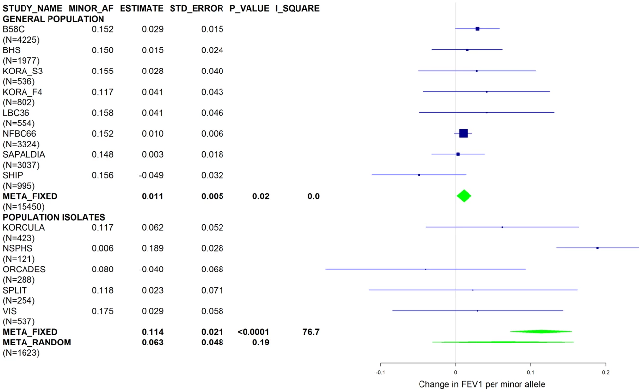 Forest plot of meta-analyzed results for the effect per minor allele of rs3748312 on FEV1 in ever-smokers, adjusted for sex, age, height and population stratification factors.