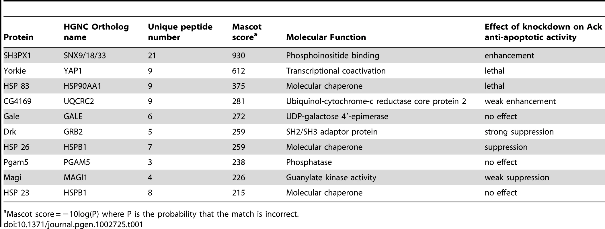 Top ten Ack interacting proteins based on their Mascot score.
