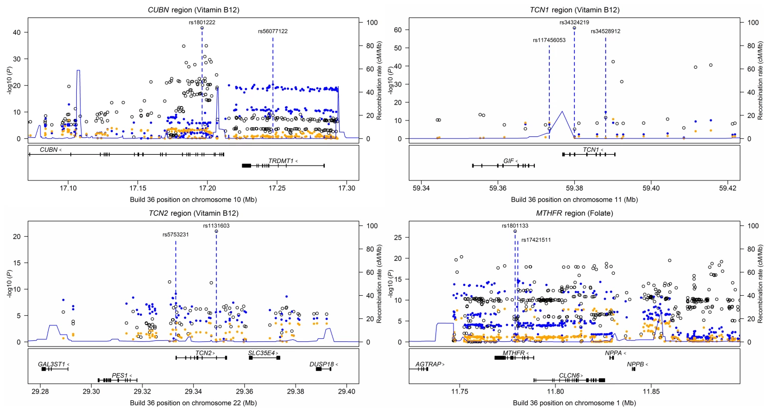 Regional plots illustrating conditional analyses of loci with more than one independent association signal for serum B<sub>12</sub> (<i>CUBN</i>, <i>TCN1</i> and <i>TCN2</i>) or serum folate (<i>MTHFR</i>).