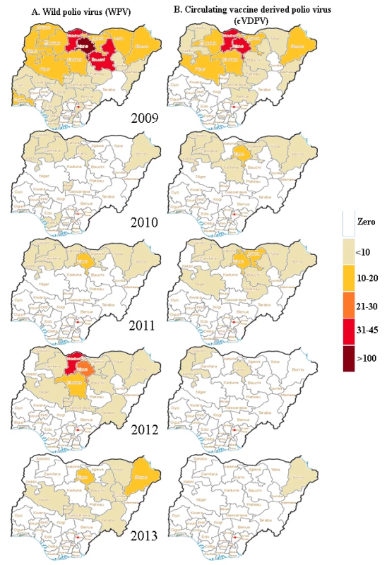 Pattern of occurrence of cases of wild poliovirus and circulating vaccine-derived poliovirus in Nigeria from 2009 to 2013.