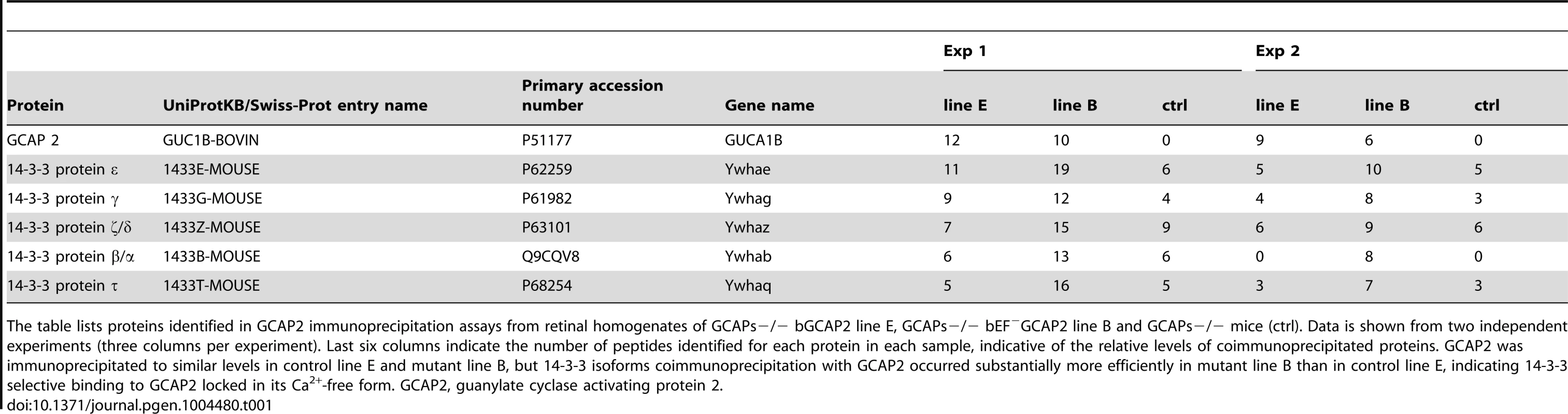Proteins identified by LC-MS/MS in GCAP2 immunoprecipitation experiments.