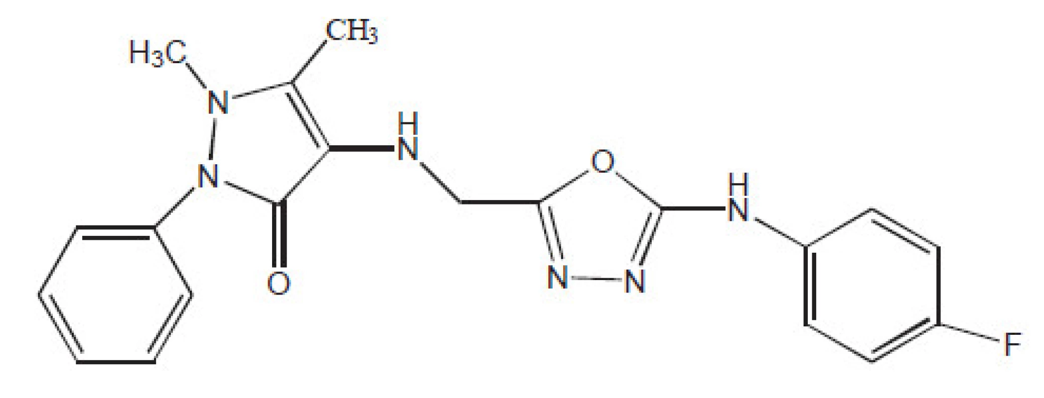 Struktura nejúčinnější látky ve sledované skupině derivátů 1,5-dimethyl-2-fenyl-4- ([5-(arylamino)-1,3,4,-oxadiazol-2-yl]methylamino)-1,2-dihydro- 3H-pyrazol-3-onu