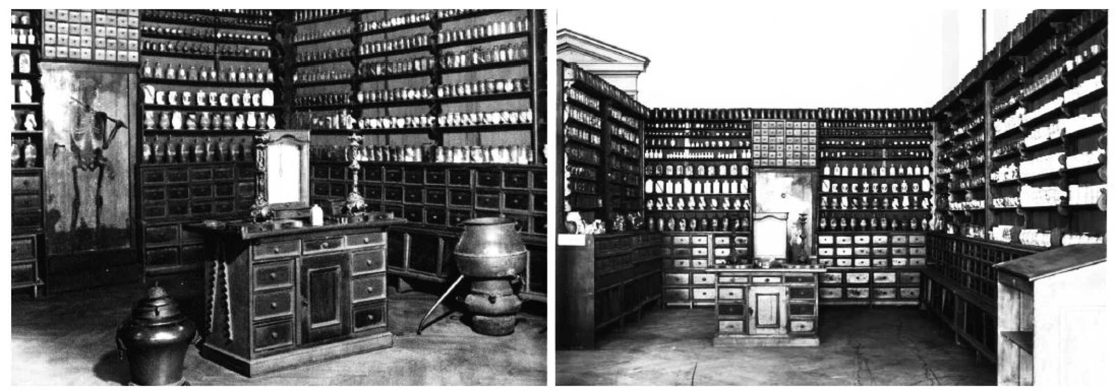 Dva pohledy na repositoria hradčanské kapucínské lékárny v někdejší expozici v Národním muzeu