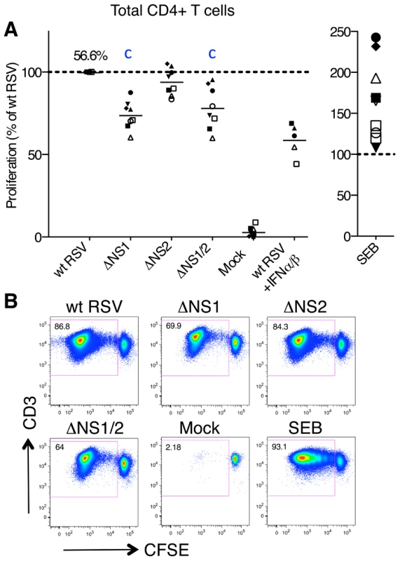 Proliferation of CD4+ T cells during co-cultivation with autologous DC pre-infected with wt RSV or its NS1/2 deletion mutants.
