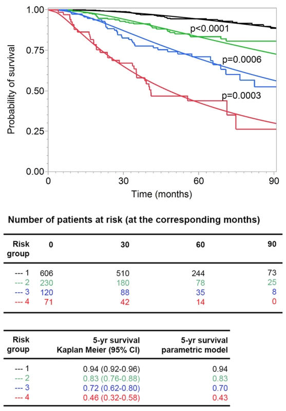 Goodness of fit of observed and predicted survival for four risk groups.
