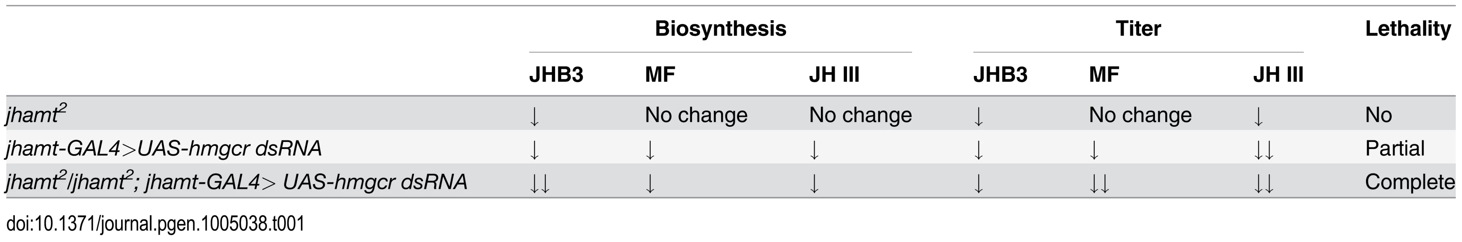 Comparisons of JH biosynthesis, JH titer, and lethality among three genotypes.
