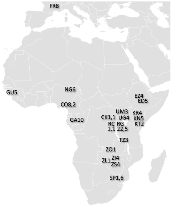 Locations of population samples from which the analyzed genomes were derived.