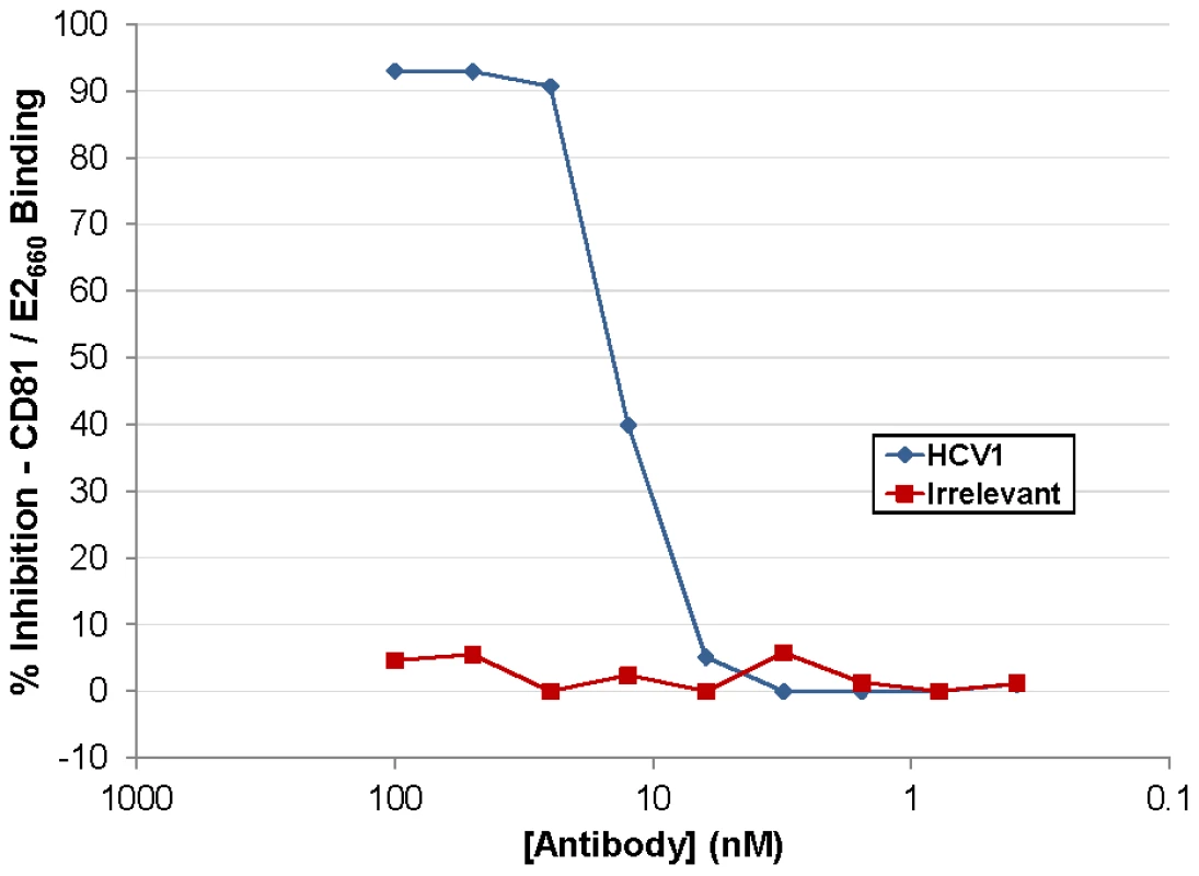 HuMAb HCV1 blocks E2 binding to CD81 LEL.