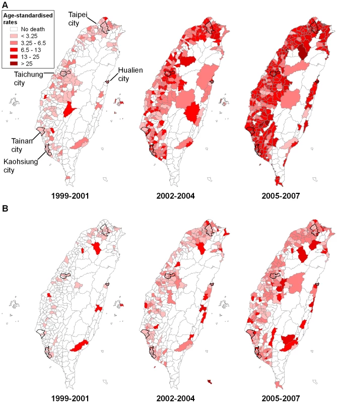Maps of (unsmoothed) age-standardised rates of suicide (including registered suicide and undetermined death) by charcoal burning across 358 townships in Taiwan, 1999–2001, 2002–2004, and 2005–2007, with five major cities highlighted.