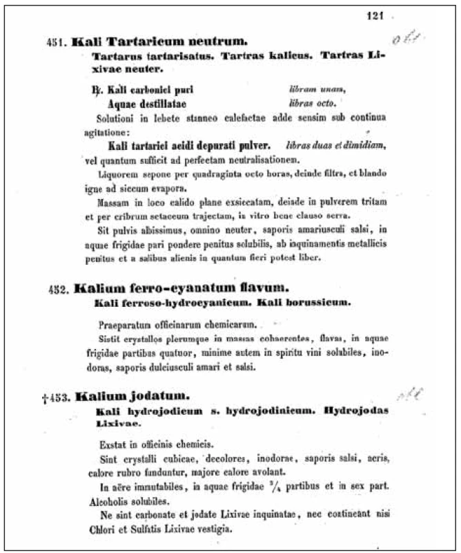 Ukázka textu pátého vydání rakouského lékopisu z roku 1855; latinské názvy draselných solí měly různá synonyma