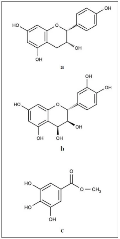 Strukturní vzorce obsahových látek z extraktů rodu Bergenia: a – α-afzelechin, b – leucocyanidin, c – methyl gallát&lt;sup&gt;18, 60, 61)&lt;sup/&gt;