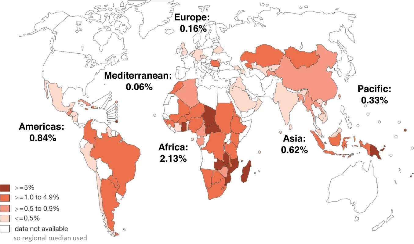 Syphilis seropositivity among antenatal care attendees reported by countries through the WHO HIV Universal Access reporting system in 2008 or 2009, and regional median for non-reporting countries.
