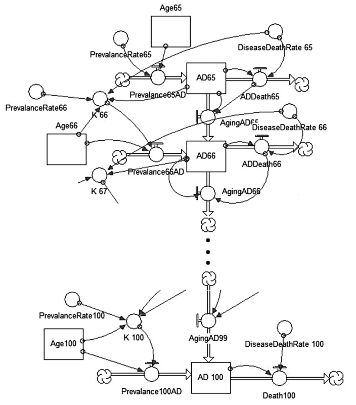 Diagram „Stavů a toků“ model pacientů s AD – výřez, vlastní zpracování
