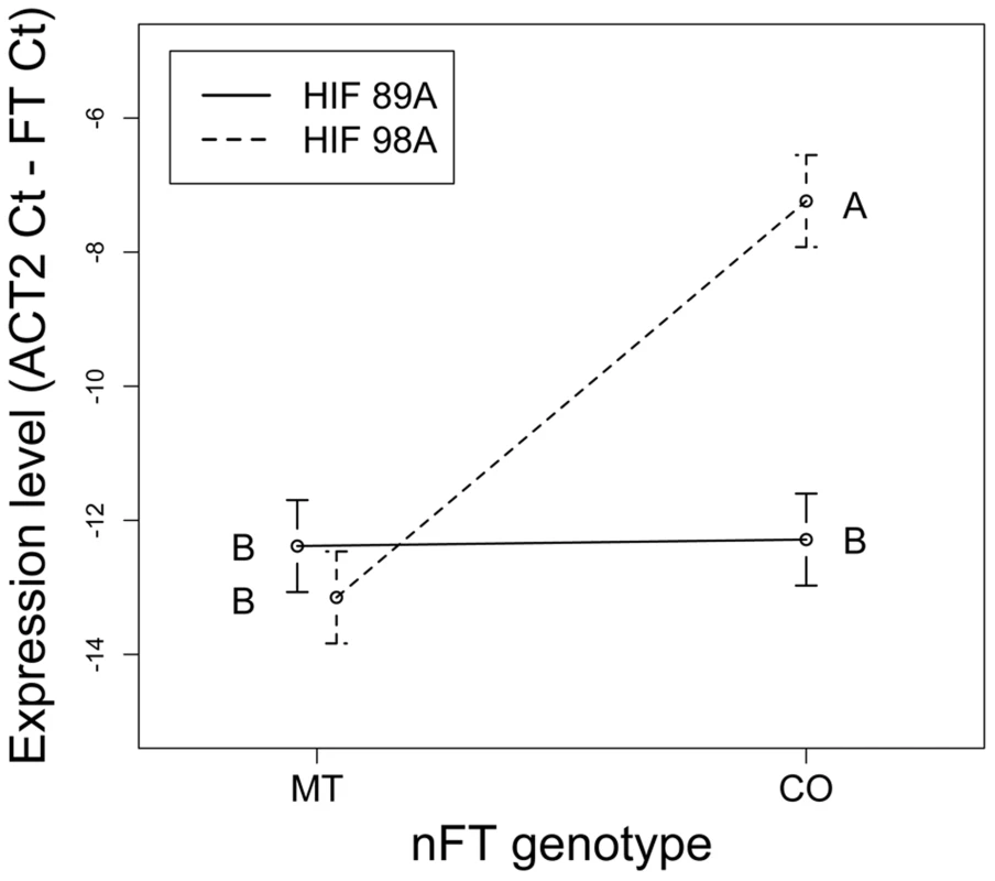 Reaction norms showing the <i>nFT</i> by genomic background epistatic effects for expression level of the <i>FT</i> transcript.