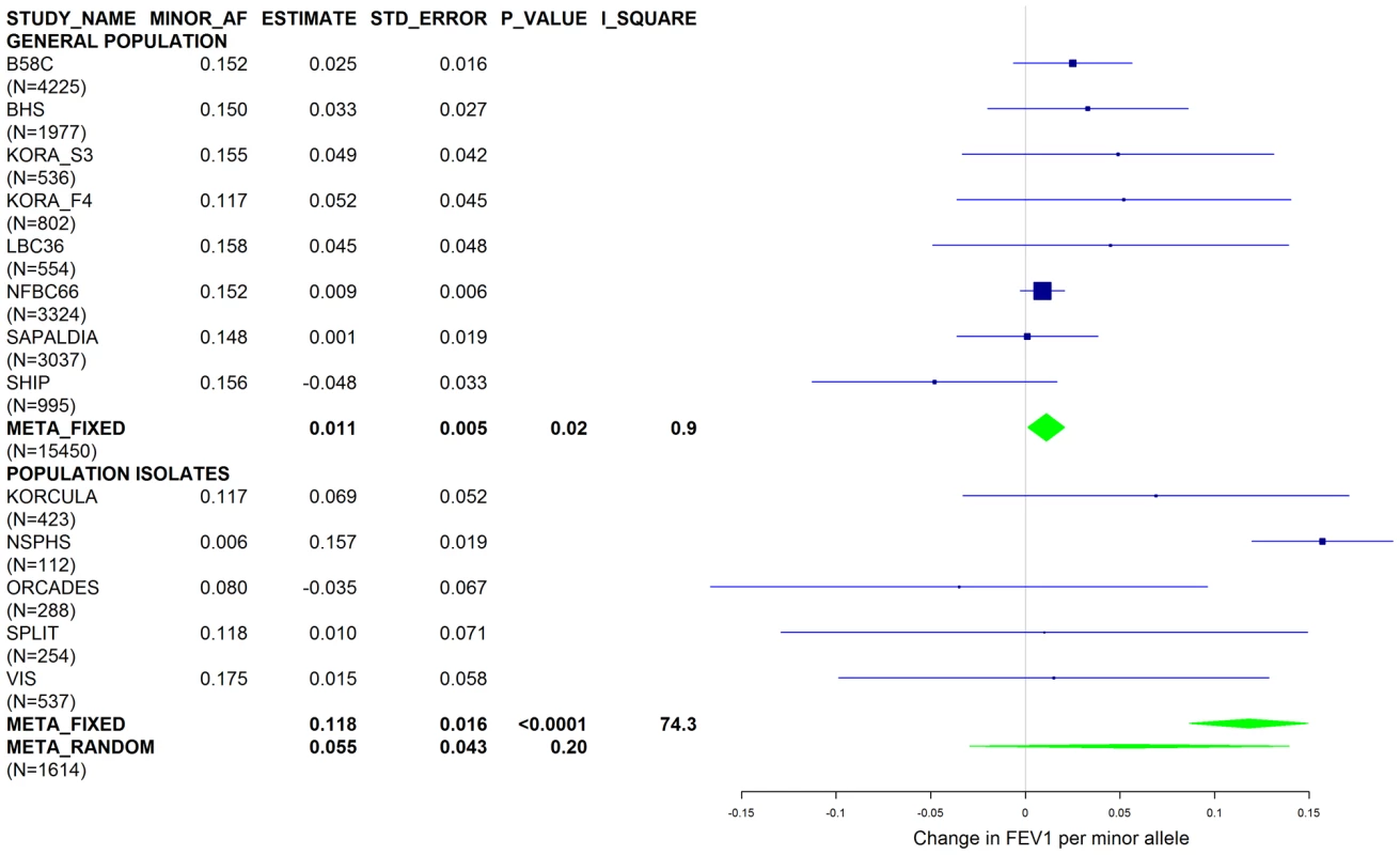 Forest plot of meta-analyzed results for the effect per minor allele of rs3748312 on FEV1 in ever-smokers, adjusted for sex, age, height, population stratification factors and the presence of PI S and Z alleles.
